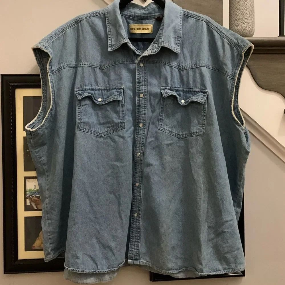 Bit & Bridle Womens Denim Sleeveless Pearl Button Snap Western Shirt sz 4X